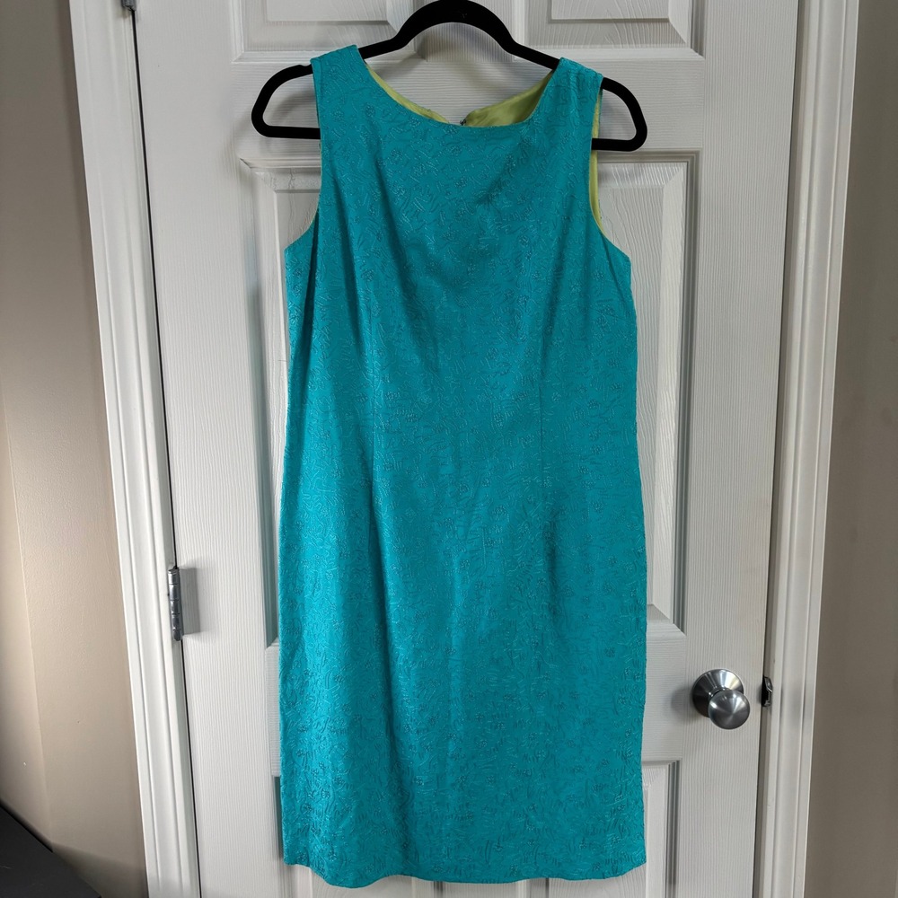 Vintage Talbot Womens Turquoise Floral Embroidered Linen Blend Sheath‎ Dress 8